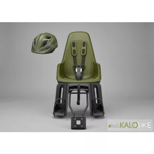 Bobike hátsó gyerekülés ONE maxi + in-mold gyereksisak szettben, vázra és csomag, zöld színben, XS-es sisakkal